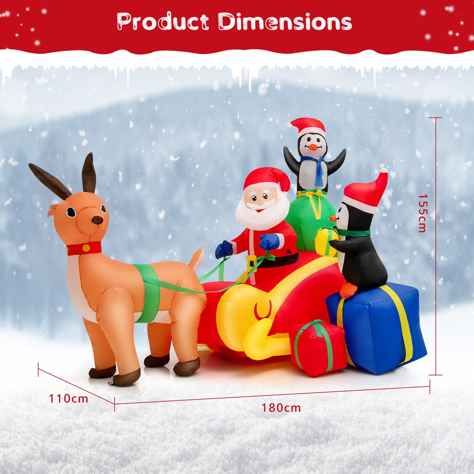 1.8M Christmas Inflatable Decoration Santa Reindeer Sleigh