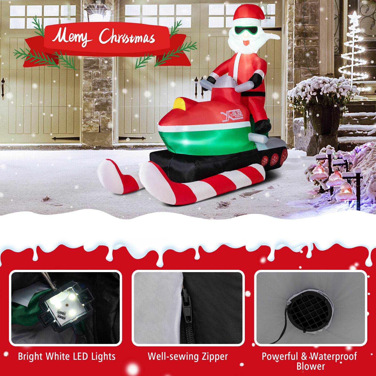 1.76 X 1.53M Christmas Inflatable Santa Claus on Bobsled with LED Lights