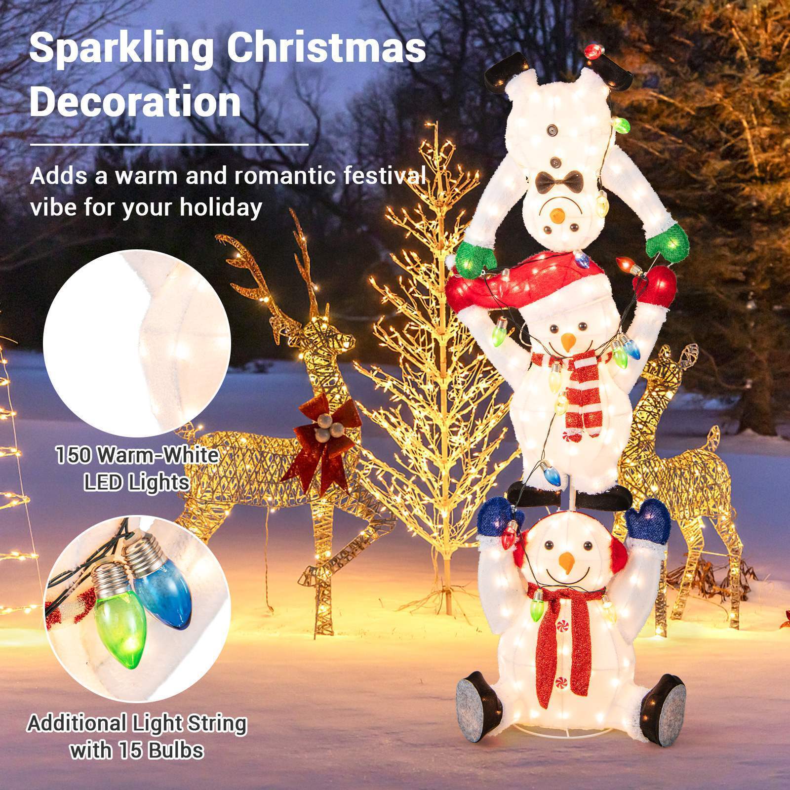 1.7M Lighted Stacked Snowmen Christmas Decor LED Xmas Display Indoor Outdoor