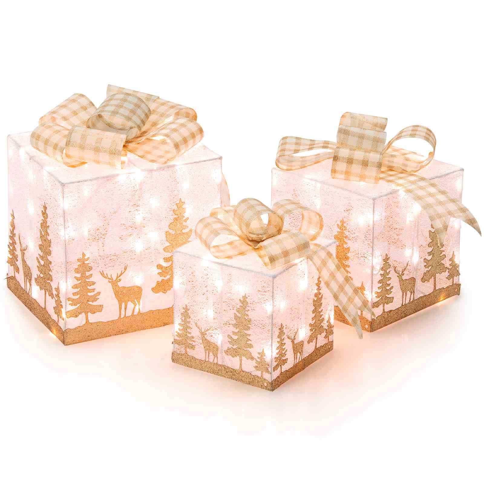 3 Pack Pre-Lit Christmas Gift Box With 100 Light Bulbs & Bow Ties Indoor Outdoor