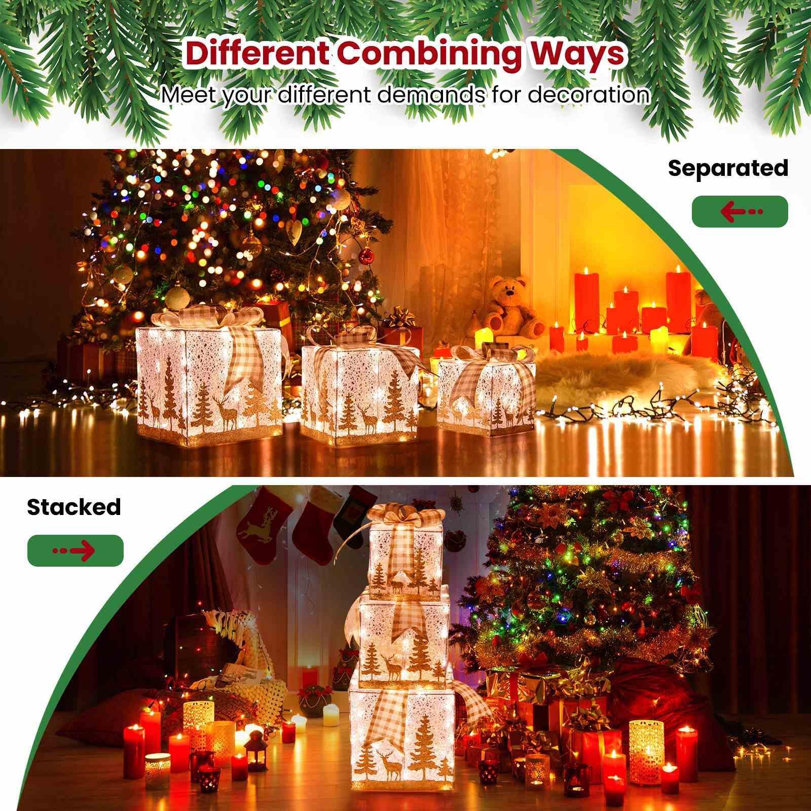 3 Pack Pre-Lit Christmas Gift Box With 100 Light Bulbs & Bow Ties Indoor Outdoor