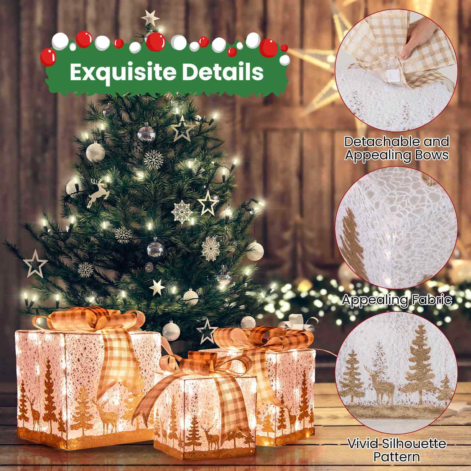 3 Pack Pre-Lit Christmas Gift Box With 100 Light Bulbs & Bow Ties Indoor Outdoor