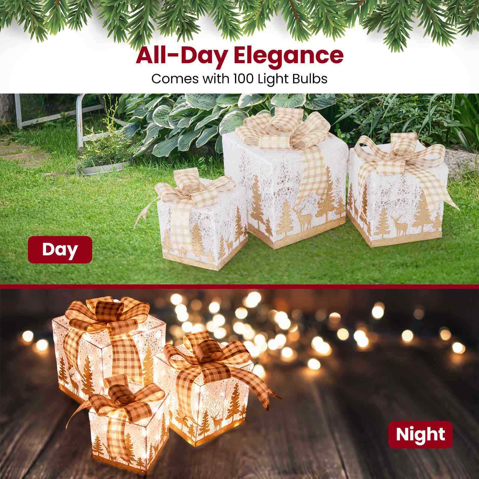 3 Pack Pre-Lit Christmas Gift Box With 100 Light Bulbs & Bow Ties Indoor Outdoor