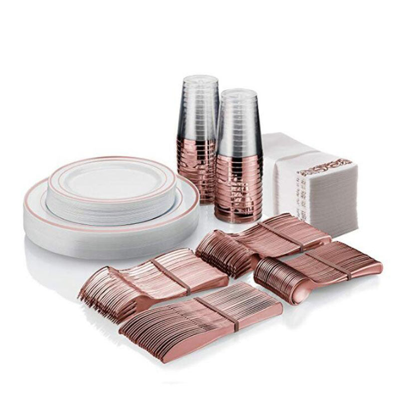 200 Pcs Rose Gold Plastic Plates Silverware Cups Disposable Wedding Party Supplies