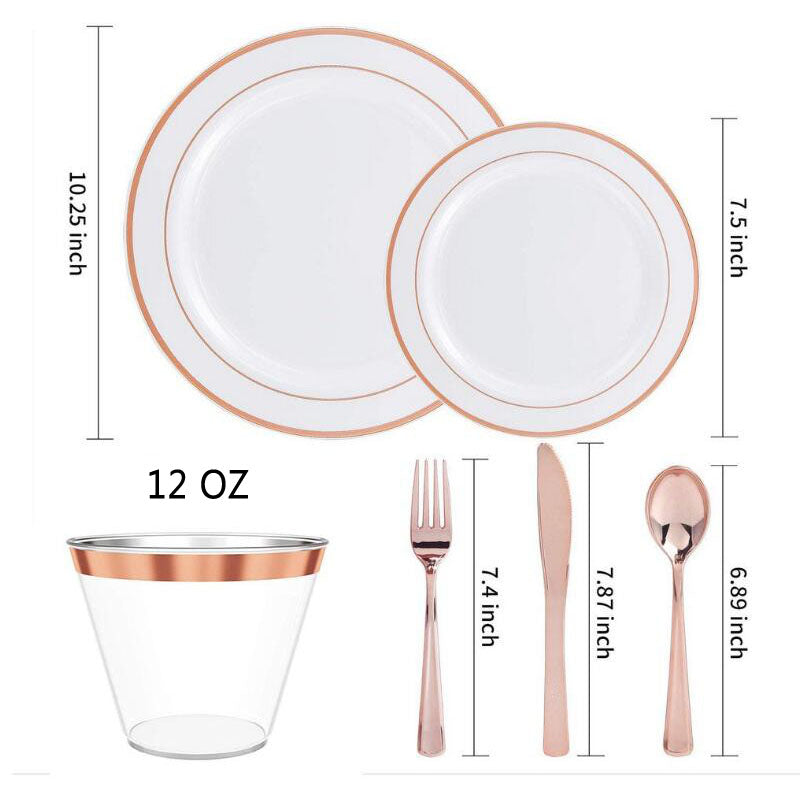 200 Pcs Rose Gold Plastic Plates Silverware Cups Disposable Wedding Party Supplies