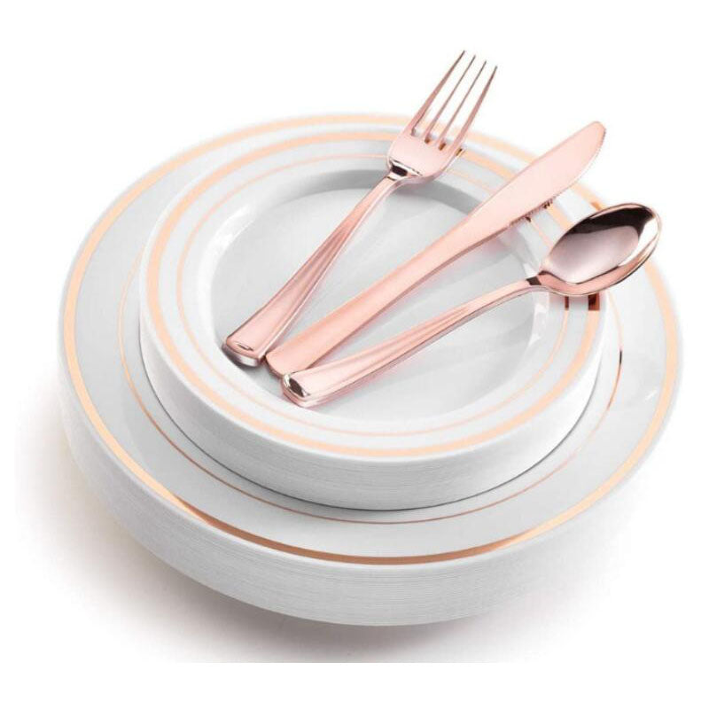 200 Pcs Rose Gold Plastic Plates Silverware Cups Disposable Wedding Party Supplies