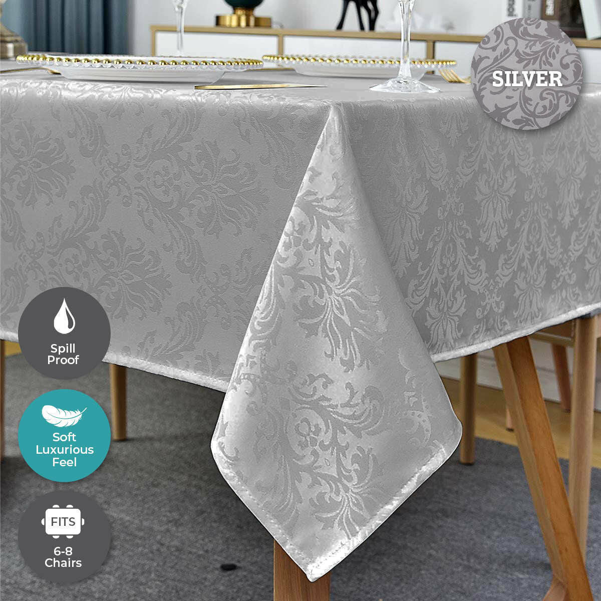 225cm Luxurious Tablecloth Rectangle Silver Elegant Design