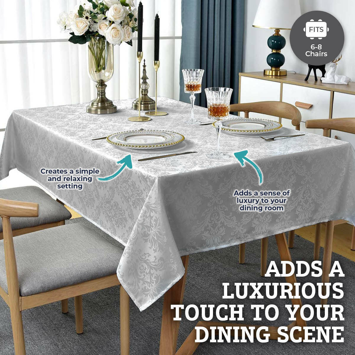 225cm Luxurious Tablecloth Rectangle Silver Elegant Design