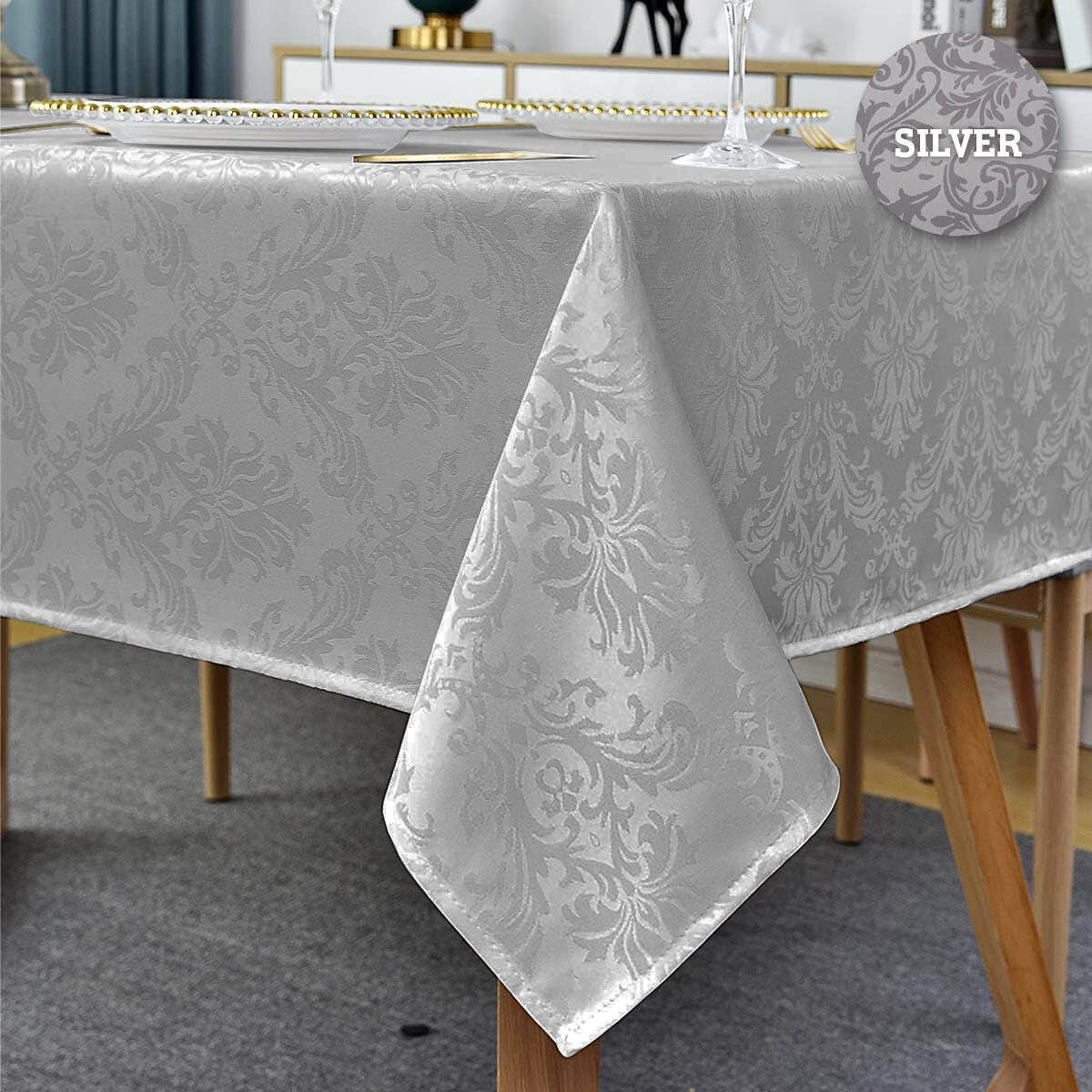 175cm Luxurious Tablecloth Rectangle Silver Elegant Design