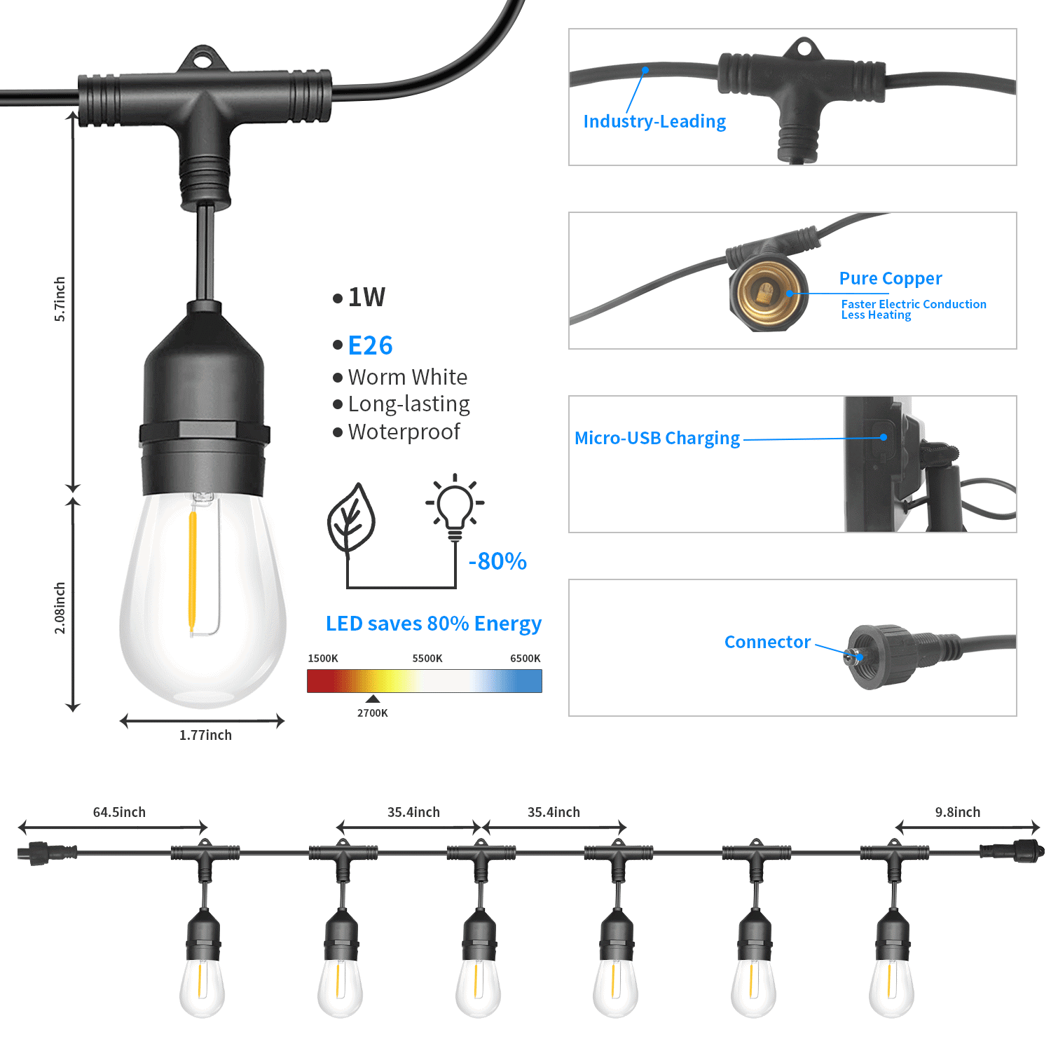 15LED 48FT Solar Power Festoon String Lights