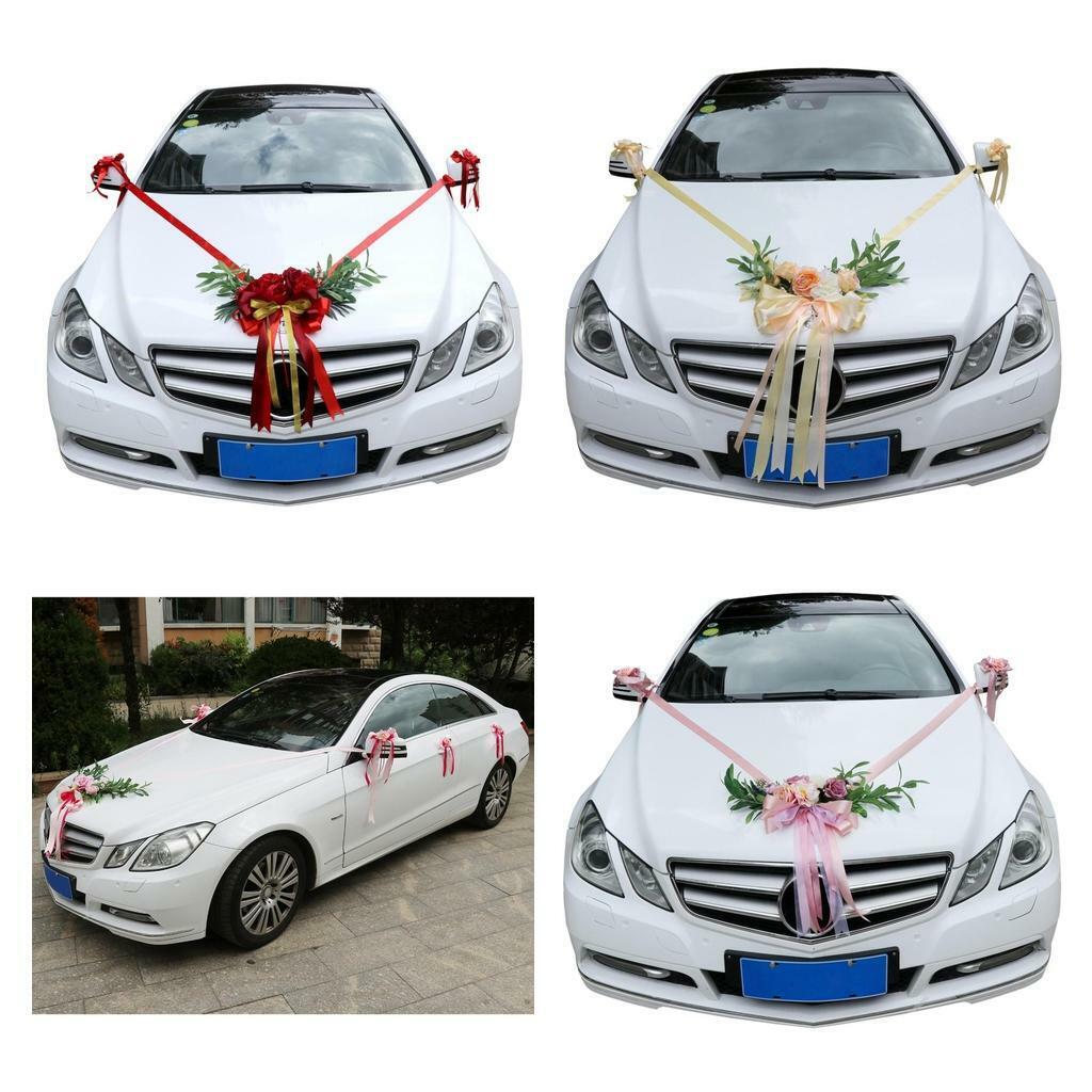 9 Pieces Wedding Car Decorations Kit Silk Flower Ribbon Bows