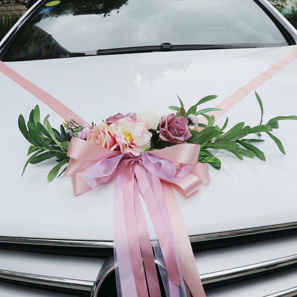 9 Pieces Wedding Car Decorations Kit Silk Flower Ribbon Bows