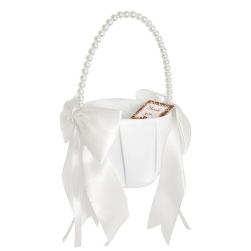 Wedding Flower Girl Basket white satin ribbon bows pearls