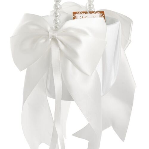 Wedding Flower Girl Basket white satin ribbon bows pearls