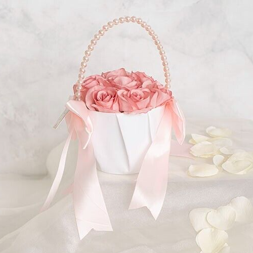 Wedding Flower Girl Basket white and pink satin ribbon bows pearls