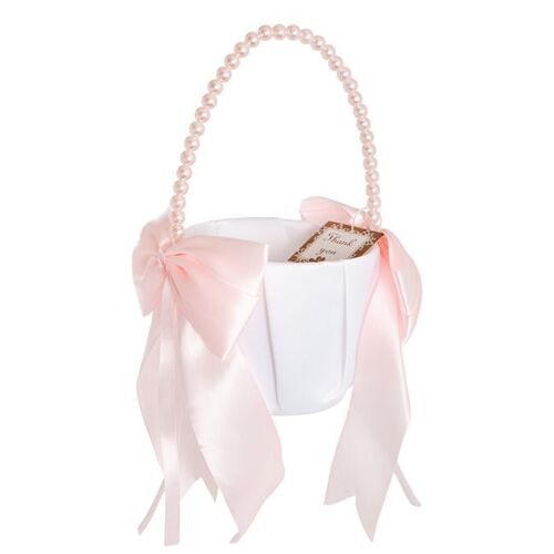 Wedding Flower Girl Basket white and pink satin ribbon bows pearls