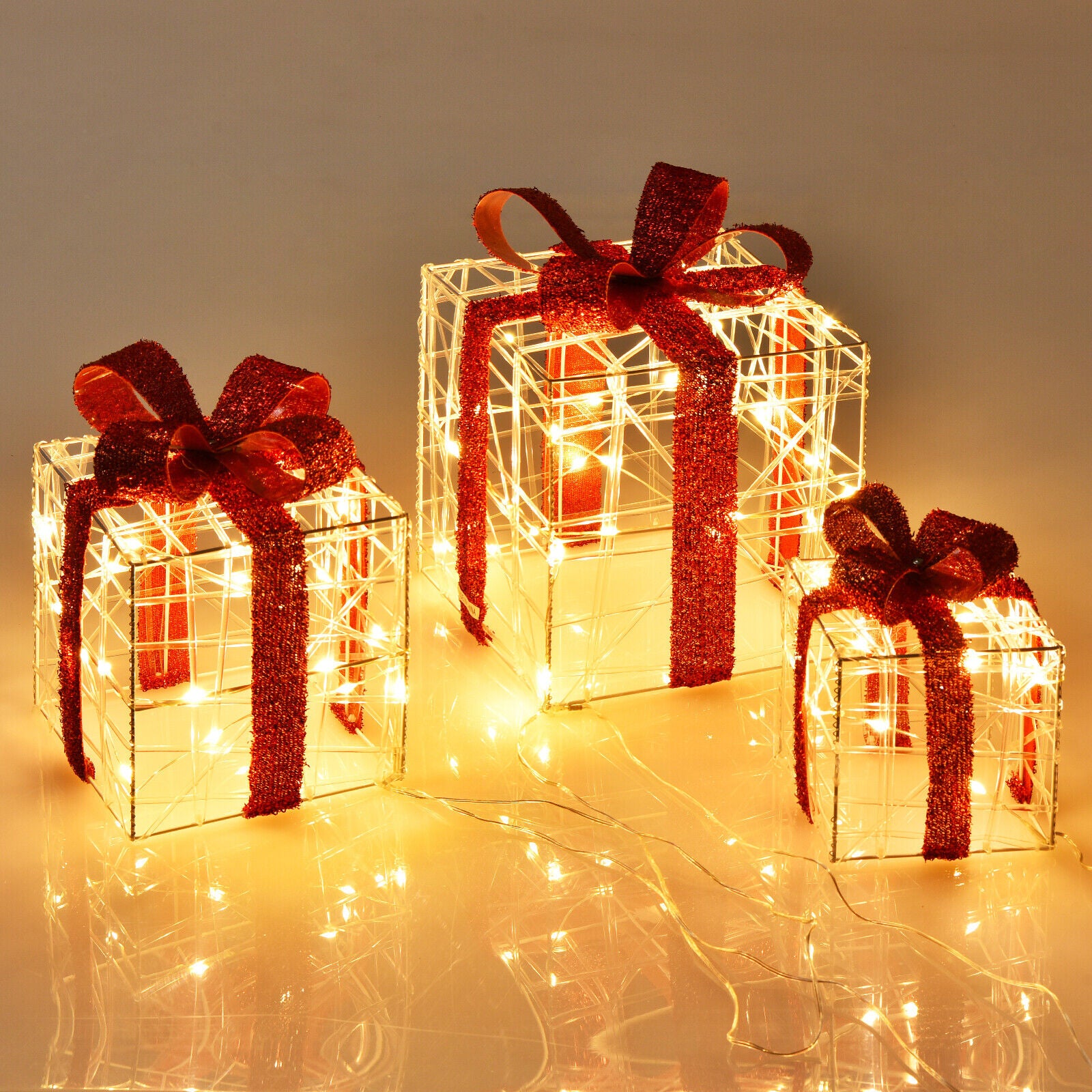 3-Pack 60 LED Lighted Gift Boxes Pre-Lit Xmas Present Boxes