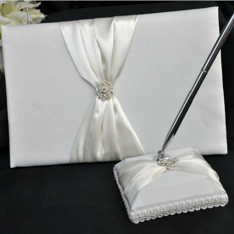 Wedding Guest Book Register Silver Pen Stand Set