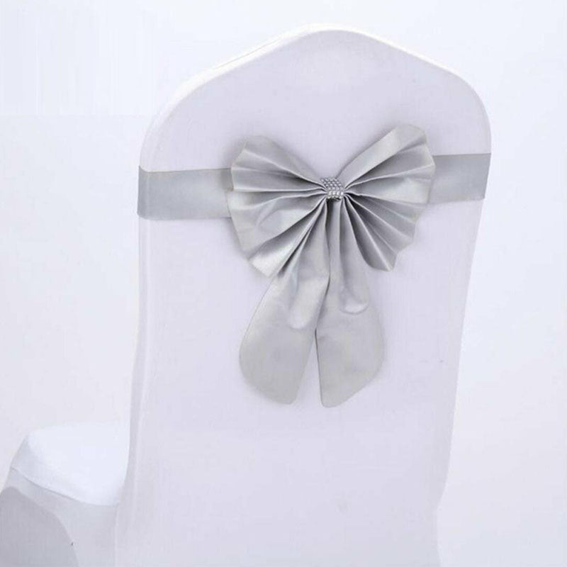 Elastic Satin Chair Sashes Cover Bow Band- Silver-20Pcs